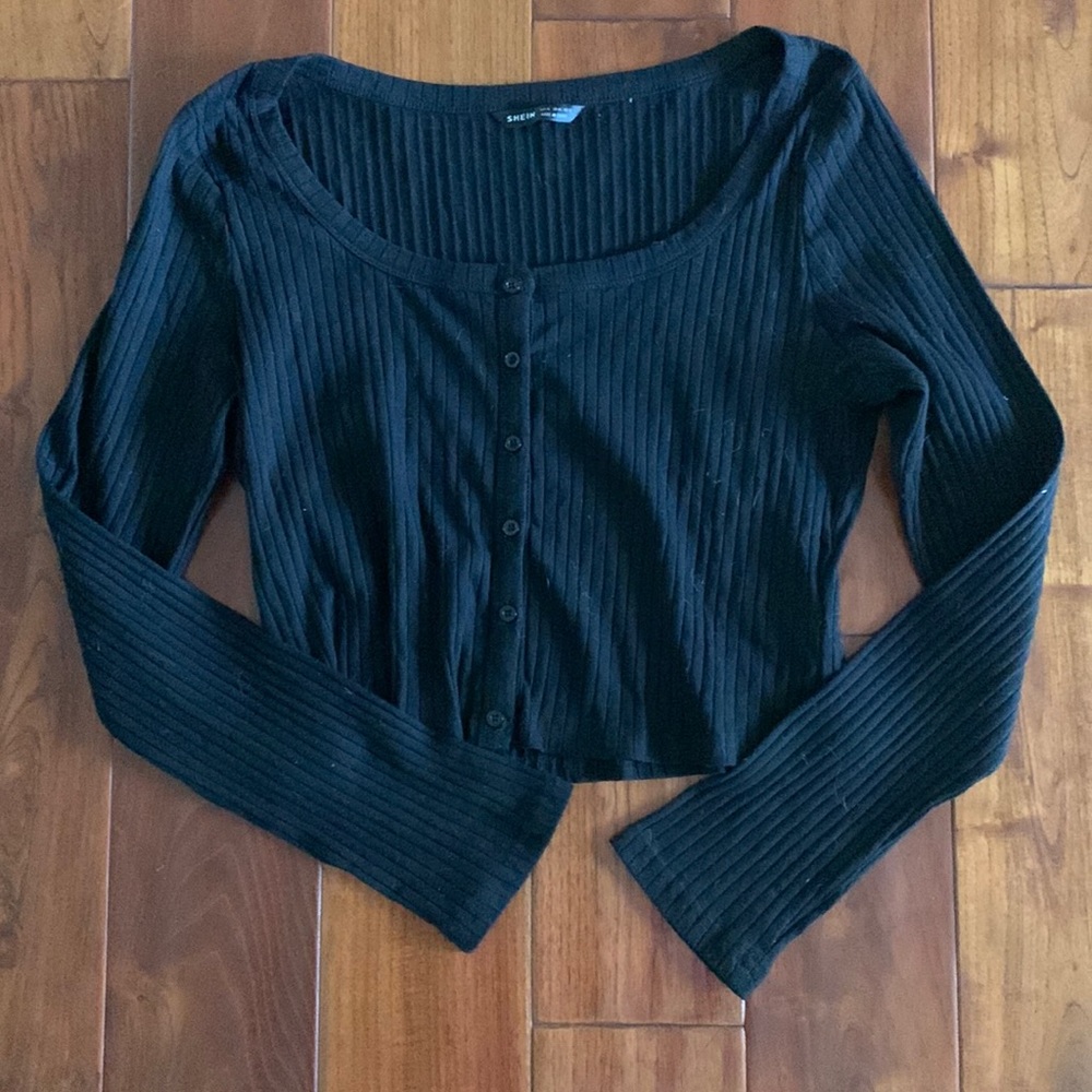 Shein Top - NEW size XL Black Button Front Scoop Neck Ribbed Crop
